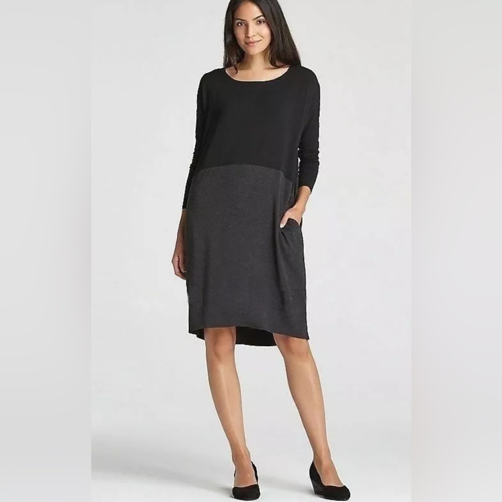 Eileen Fisher Black Charcoal Colorblock Viscose Jersey  Shift Dress Size L